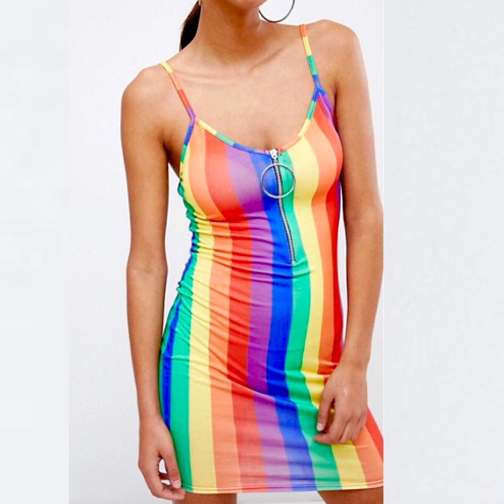 🌈• Rainbow Striped Zipper Bodycon Mini Dress •🌈 - Picture 2 of 4
